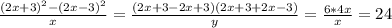 \frac{(2x+3)^2 -(2x-3)^2}{x} = \frac{(2x+3-2x+3)(2x+3+2x-3)}{y} = \frac{6*4x}{x} =24