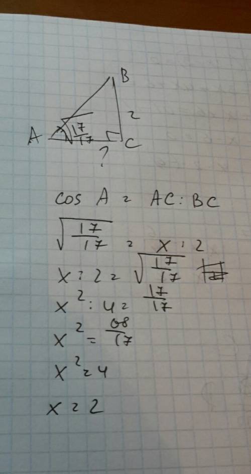 Втреугольнике abc равен 90 градусов, bc=2,cosa=корень из 17/17, найдите ac