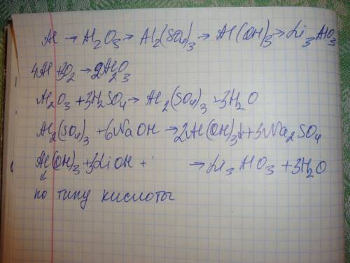 Решите цепочку уравнений: al -> al2o3 -> al2(so4)3 -> al(oh)3 -> li3alo3