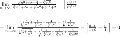 \lim\limits _{n \to \infty}\frac{\sqrt{n^3+n^2-4}\; -\sqrt[5]{n^6}}{\sqrt[3]{n^5+2n}\; +\sqrt[4]{n^6+3n^4+2}}=\Big [\, \frac{:n^{5/3}}{:n^{5/3}}\, \Big ]=\\\\\\=\lim\limits _{n \to \infty}\frac{\sqrt{\frac{1}{n^3}+\frac{1}{\sqrt[3]{n^4}}-\frac{4}{\sqrt[3]{n^{10}}}}\, -\, \sqrt[5]{\frac{1}{\sqrt[3]{n^7}}}}{\sqrt[3]{1+\frac{2}{n^4}}\, +\, \sqrt[4]{\frac{1}{\sqrt[3]{n^2}}+\frac{3}{\sqrt[3]{n^8}}+\frac{2}{\sqrt[3]{n^{20}}}}}=\Big [\frac{0-0}{1+0}=\frac{0}{1}\; \Big ]=0