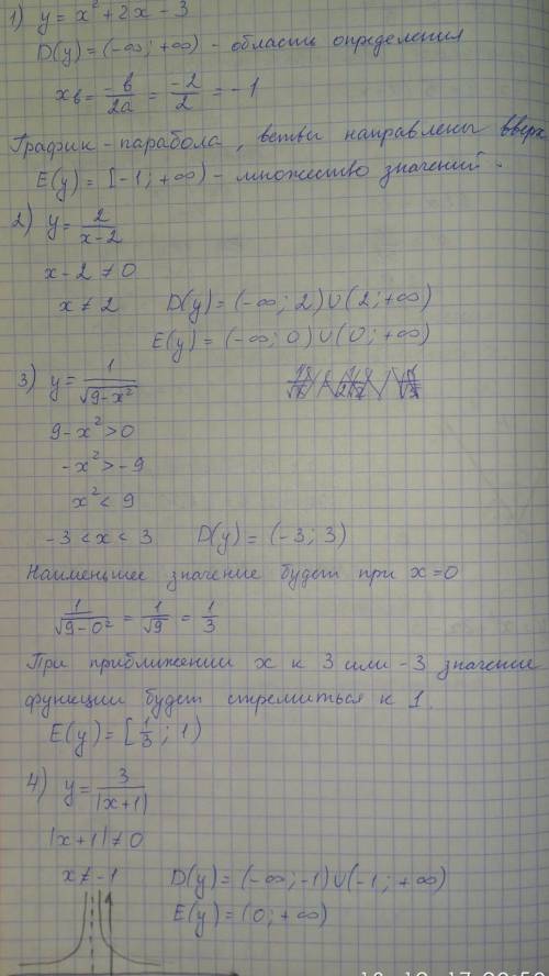 57 ! 9класс найти область определения и множество значений функции. 1) y=x^2+2x-3 2) y=2/x-2 3) y=1/