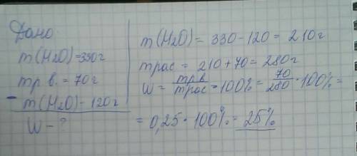 В330 г воды растворили 70 г соли из образовавшегося раствора выпарили 120 г воды определите массовую