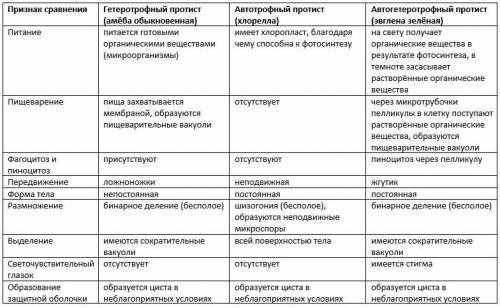 Сравните гетеротрофных,автотрофных и автогетеротрофных протистов. установите общее для всех групп и