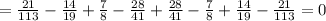 =\frac{21}{113}- \frac{14}{19}+ \frac{7}{8}- \frac{28}{41}+ \frac{28}{41} - \frac{7}{8} + \frac{14}{19}- \frac{21}{113}=0