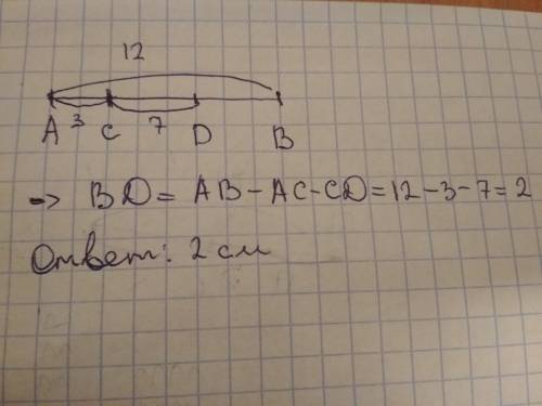 Отрезке ab отмечена точка c и на отрезке cb точка d найдите длину отрезка. bd если ab=12 см ac =3 см