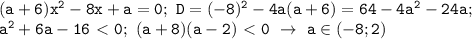 \mathtt{(a+6)x^2-8x+a=0;~D=(-8)^2-4a(a+6)=64-4a^2-24a;}\\\mathtt{a^2+6a-16\ \textless \ 0;~(a+8)(a-2)\ \textless \ 0~\to~a\in(-8;2)}