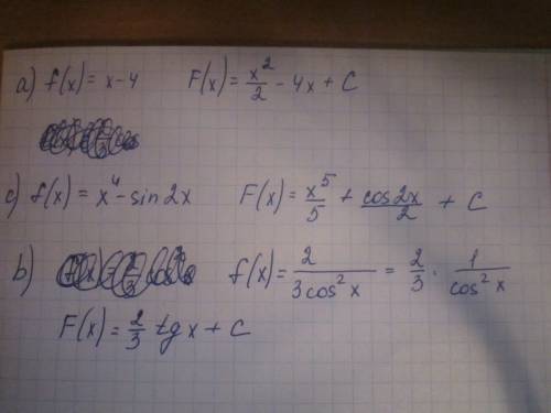 Наити первообразную: а)f(x)=x-4 b)f(x)=2/3cos^2x c)f(x)=x^4-sin2x ! заранее !