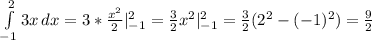 \int\limits^{2}_{-1} {3x} \, dx =3* \frac{x^2}{2} |_{-1}^{2} = \frac{3}{2} x^{2}|_{-1}^{2} =\frac{3}{2} (2^{2}-(-1)^2)= \frac{9}{2}