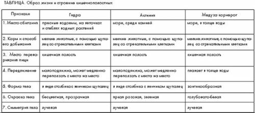 54 . таблица из 3 столбцов: среда обитания, представители, признак. тема: кишечнополостные.