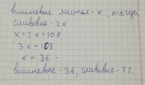 Всаду всего 108 вишневых и сливовых деревьев. сливовых деревьев в 2 раза больше, чем вишневых деревь