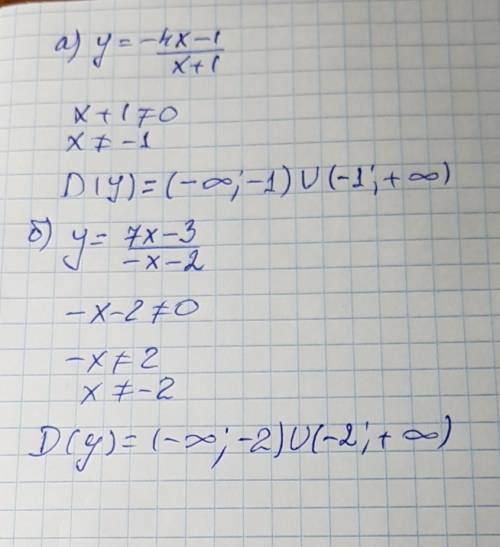 Найдите область определения функции : a) y=-4x-1/x+1 б) y=7x-3/-x-2