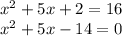 {x}^{2} + 5x + 2 = 16 \\ {x}^{2} + 5x - 14 = 0 \\