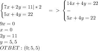 \begin{cases}7x+2y=11|*2\\5x+4y=22\end{cases}=\ \textgreater \ \begin{cases}14x+4y=22\\-\\5x+4y=22\end{cases}\\9x=0\\x=0\\2y=11\\y=5,5\\OTBET:(0;5,5)