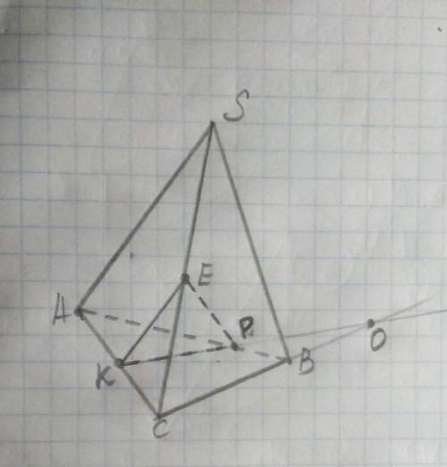 Sabc -треугольная пирамида . точки k и e -середины ребер acи sc соответственно , точка o лежит на лу