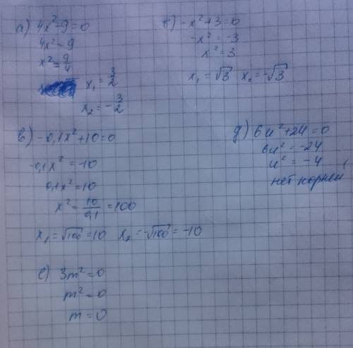 Найдите корни уравнения : а) 4x² - 9=0 б) -x² + 3=0 в) -0,1x² + 10=0 д) 6u²+ 24=0 е) 3m²- =0