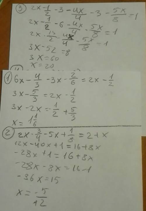 ﻿1)6x-4/3-3x-2/6=2x-1/2 2)2x-3/4-5x+1/8=2+x 3)2x-1/2-3-4x/4-3-5x/8=1 4)/x+3/=19 5)(3k+5)(k-6)=0