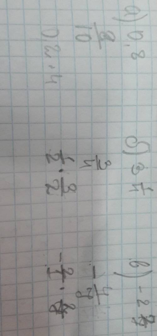 Запишите тремя число: а)0,8; б)3{1}/{4}; в) -2{2}/{7} в виде отношения целого числа к натуральному.