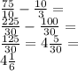 \frac{75}{10} - \frac{10}{3} = \\ \frac{225}{30} - \frac{100}{30} = \\ \frac{125}{30} = 4 \frac{5}{30} = \\ 4\frac{1}{6}