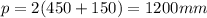 p = 2(450 + 150) = 1200mm