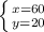 \left \{ {{x = 60} \atop {y = 20}} \right.