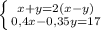 \left \{ {{x+y=2(x-y)} \atop {0,4x -0,35y= 17}} \right.