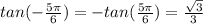 tan(- \frac{5 \pi }{6} )=-tan( \frac{5 \pi }{6} )= \frac{ \sqrt{3} }{3}