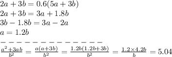 2 a+ 3b =0 .6(5a + 3b) \\ 2a + 3b = 3a + 1.8b \\ 3b - 1.8b = 3a - 2a \\ a = 1.2b \\ - - - - - - - - - - - - - \\ \frac{ {a}^{2} + 3ab}{ {b}^{2} } = \frac{a(a + 3b)}{ {b}^{2} } = \frac{1.2b(1.2b + 3b)}{ {b}^{2} } = \frac{1.2 \times 4.2b}{b} = 5.04