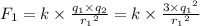 F_1= k \times \frac{q_1 \times q_2}{ {r_1}^{2} } = k \times \frac{3 \times {q_1}^{2} }{ {r_1}^{2} }