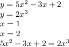 y=5x^{2}-3x+2 \\&#10;y=2x^{3} \\&#10;x=1 \\&#10;x=2 \\ &#10;5x^{2}-3x+2=2x^{3} \\ &#10;