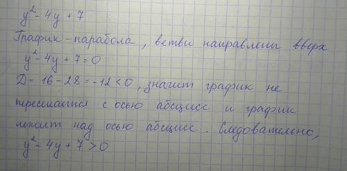 Докажите, что при любом значении y квадратный трёх член: y^2-4y+7 принимает положительные значения.