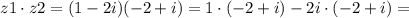 z1\cdot z2 = (1-2i)(-2+i) = 1\cdot (-2+i) - 2i\cdot (-2+i) =