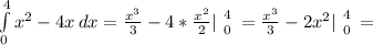 \int\limits^4_0 { x^{2} -4x} \, dx = \frac{ x^{3} }{3} -4* \frac{ x^{2} }{2} | \left {4} \atop {0}} \right. = \frac{ x^{3} }{3} -2 x^{2} | \left {4} \atop {0}} \right. =