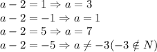 a-2=1\Rightarrow a=3&#10;\\\&#10;a-2=-1\Rightarrow a=1&#10;\\\&#10;a-2=5\Rightarrow a=7&#10;\\\&#10;a-2=-5\Rightarrow a \neq -3(-3\notin N)