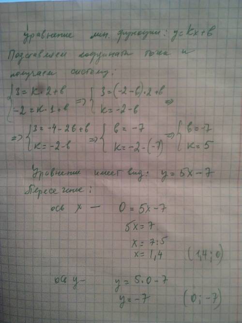 Составьте уравнение прямой,проходящей через точки а(2; 3) и в(1; -2). найдите точки пересечения этой