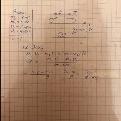 Два шара массами 4 и 5 кг движутся на встречу со скоростью 6 и 4 м/с. определить скорость системы по