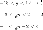 -18\ \textless \ y\ \textless \ 12 \ \ | * \frac{1}{6} \\\\-3\ \textless \ \frac{1}{6}y\ \textless \ 2 \ \ |+2 \\ \\ -1\ \textless \ \frac{1}{6}y+2\ \textless \ 4