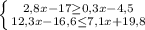 \left \{ {{2,8x - 17 \geq 0,3x-4,5} \atop {12,3x-16,6 \leq 7,1x+19,8}} \right.