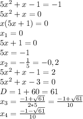 5x^2+x-1=-1&#10;\\5x^2+x=0&#10;\\x(5x+1)=0&#10;\\x_1=0&#10;\\5x+1=0&#10;\\5x=-1&#10;\\x_2=- \frac{1}{5} =-0,2&#10;\\5x^2+x-1=2&#10;\\5x^2+x-3=0&#10;\\D=1+60=61&#10;\\ x_3=\frac{-1+\sqrt{61}}{2*5} = \frac{-1+\sqrt{61}}{10} &#10;\\ x_4=\frac{-1-\sqrt{61}}{10}