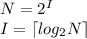 N = {2}^{I} \\ I = \lceil log_2N \rceil