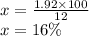 x = \frac{1.92 \times 100}{12} \\ x = 16\%