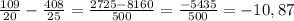 \frac{109}{20} - \frac{408}{25} = \frac{2725 - 8160}{500} = \frac{-5435}{500} = -10,87