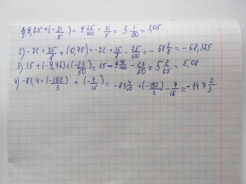 Найдите значение выражения: 1) - 9,25 +( -3 1/5 ) = 2) -72+3 5/8 + ( -0,75) = 3) 15+ ( -9,46) + ( -