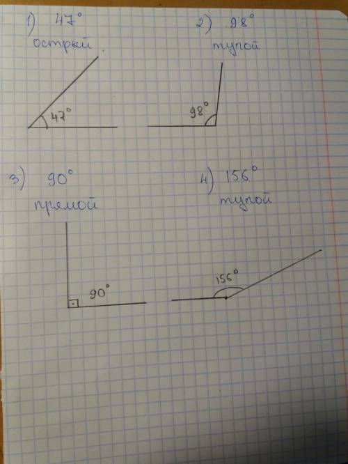 Начертите угол градусная мера которого равна 47 98 90 156 градусов определите вид каждого угла. !