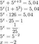 5^x+5^{x+3}=5,04 \\ 5^x(1+5^3)=5,04 \\ 5^x\cdot 126=5,04 \\ 5^x\cdot25=1 \\ 5^x= \dfrac{1}{25} \\ 5^x=5^{-2} \\ x=-2