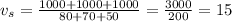 v_s =\frac{1000+1000+1000}{80+70+50}= \frac{3000}{200}=15