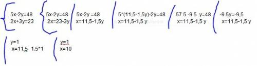 Решить систему с методом подстановки,чтобы получились ответы (10,1) 5х-2у=48 2х+3у=23