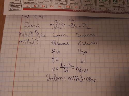 Какая масса h2 получится при разложении 7,2 г h2o? решите !