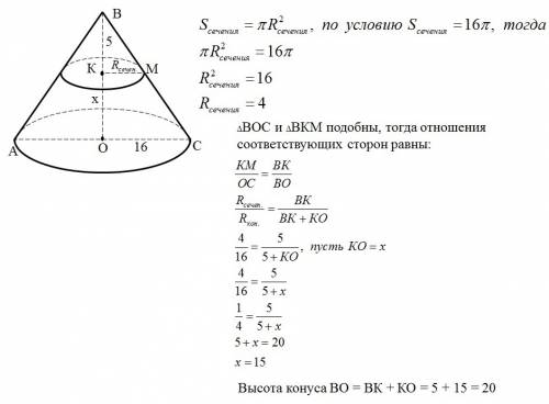 Радиус основания конуса равен 16 см. параллельно плоскости основания проведено сечение, площадь кото