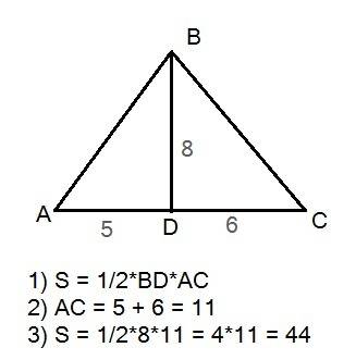 Высота bd треугольника abc равна 8 см и делит сторону ac на отрезки, равные 5 и 6 см. найдите площад