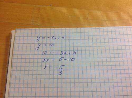 Функция задана формулой y = -3x +5; найти x при y = 10